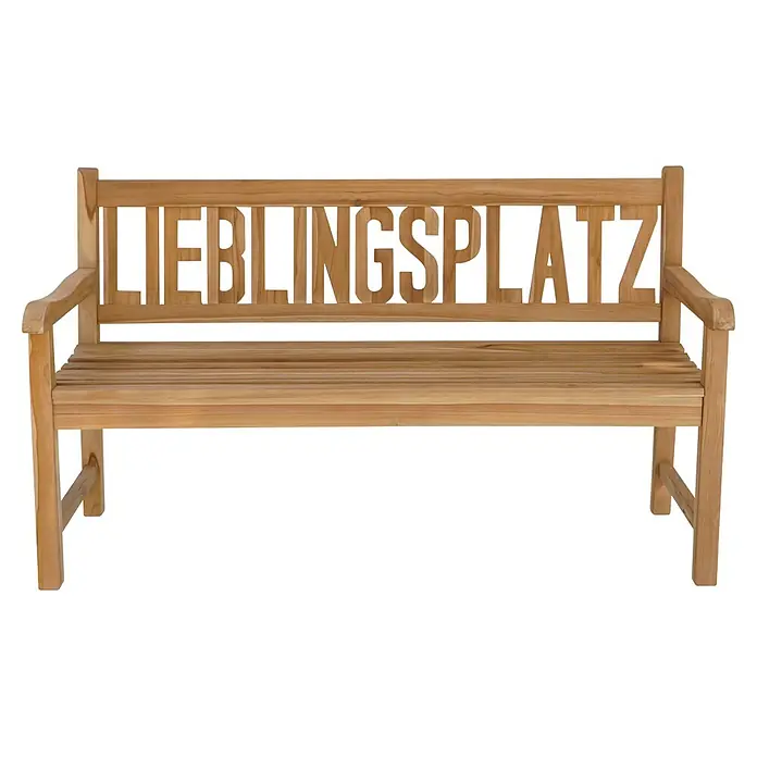Garden Pleasure Gartenbank Lieblingsplatz - B x T x H: 150 x 63 x 89 cm, Teak, Braun - Holzbank mit "LIEBLINGSPLATZ" in der Rückenlehne geschnitzt.