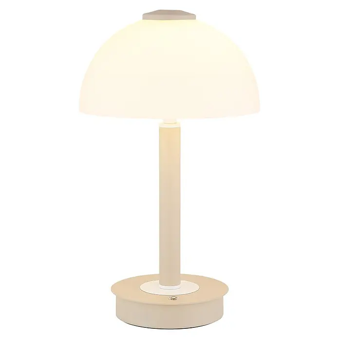 Globo LED-Tischleuchte Uldin - 7 W, Warmweiß - Helle beige Tischleuchte mit kuppelförmigem Schirm, zylindrischem Ständer und rundem Fuß, beleuchtet.