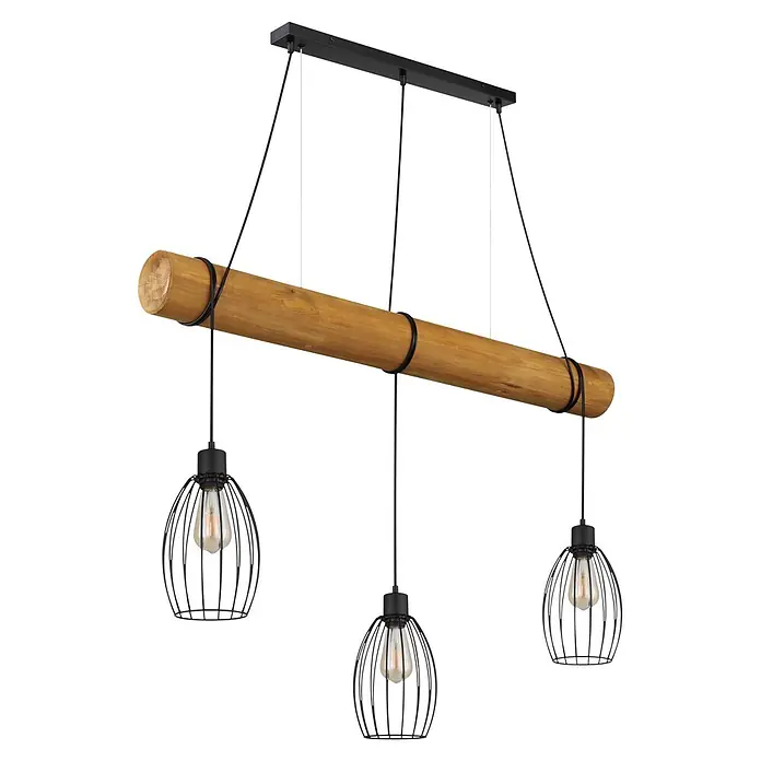 Globo Pendelleuchte Berti - 40 W, L x B x H: 1.150 x 160 x 1.500 mm, E27 - Deckenleuchte im Industriestil mit schwarzer Stange, Holzbalken und drei hängenden Käfiglampen mit Edison-Glühbirnen.