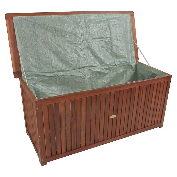 Garden Pleasure Kissenbox Washington - 55 x 125 x 58 cm, Holz, Braun - Offene braune Holz-Aufbewahrungsbox mit grau-grünem wasserdichtem Liner.