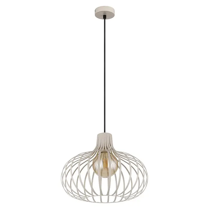 Globo Pendelleuchte Mateo - 40 W, Ø x H: 40 cm x 1.500 mm, E27 - Helle beige Metallkäfig-Pendelleuchte mit sichtbarer LED-Birne, an einem schwarzen Kabel hängend.