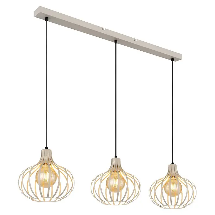 Globo Pendelleuchte Mateo - Höhe: 1.500 mm - Drei beige Käfig-Pendelleuchten mit schwarzen Kabeln an einer linearen Stange, mit leuchtenden Filamentbirnen.