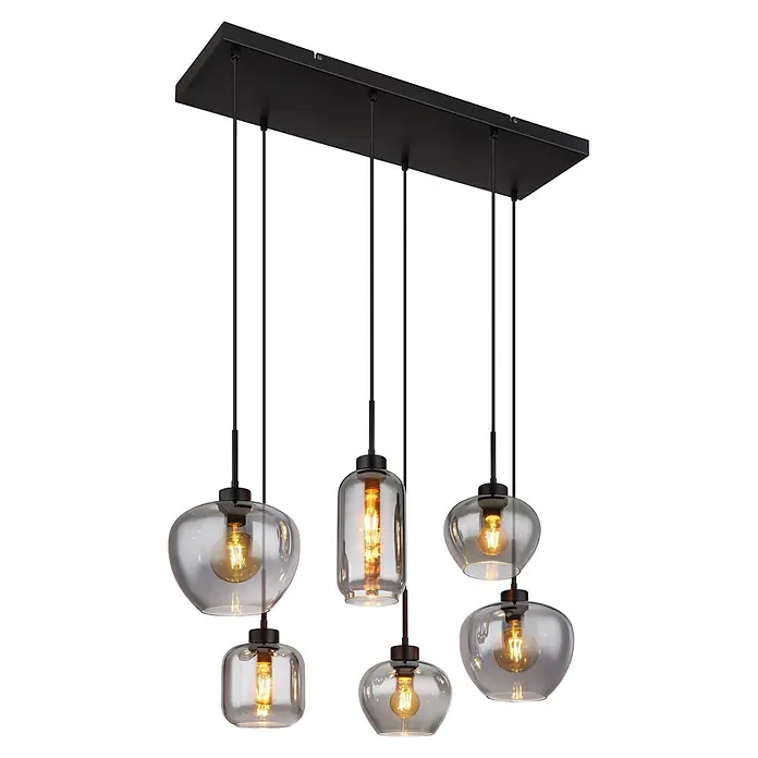 Globo Pendelleuchte Matt - Höhe: 1.200 mm, Anzahl Leuchtmittel: 6 Stk. - Schwarze rechteckige Pendelleuchte mit 6 grauen Glasschirmen in verschiedenen Formen und warmen LED-Birnen.