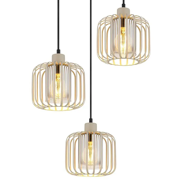 Globo Pendelleuchte Alfred - 40 W, Ø x H: 44 cm x 1.200 mm, E27 - Drei cremefarbene Pendelleuchten mit Metallkäfig, Klarglas und sichtbaren Glühfadenlampen an schwarzen Kabeln.