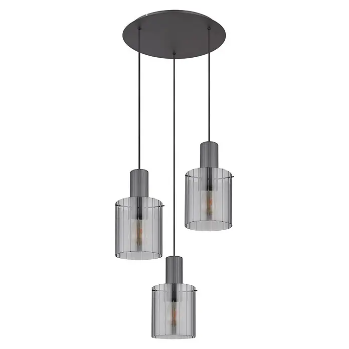 Globo Pendelleuchte Tulivar - 40 W, Ø x H: 48 x 150 cm - Dreifache Pendeldeckenleuchte mit runder dunkelgrauer Platte, gerippten grauen Aufsätzen und klaren geriffelten Glasschirmen, die warme Glühbirnen zeigen.