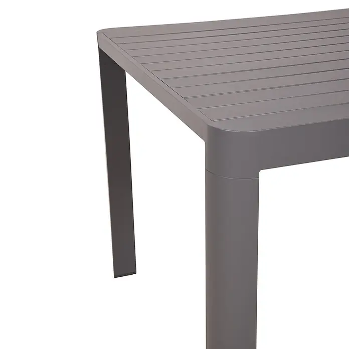 Garden Pleasure Gartentisch Amira - L x B x H: 149 x 149 x 75 cm, Aluminium, Rechteckig, Anthrazit, Ausziehbar - Eckansicht eines rechteckigen grauen Tisches mit Lattenplatte und dicken Beinen.
