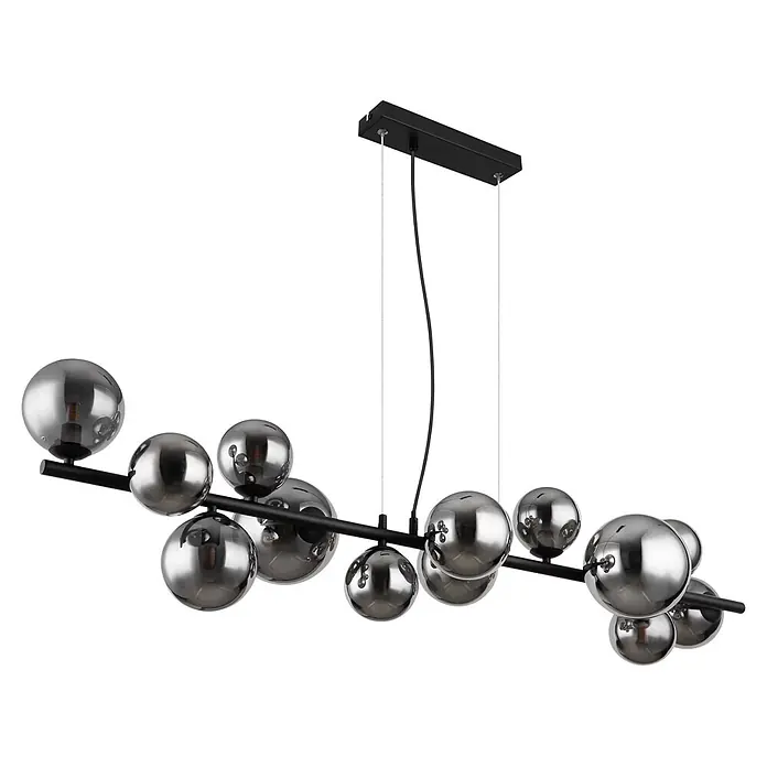 Globo Pendelleuchte Riha - Höhe: 1.200 mm - Moderne schwarze Hängeleuchte mit mehreren kugelförmigen silbernen Glasschirmen.