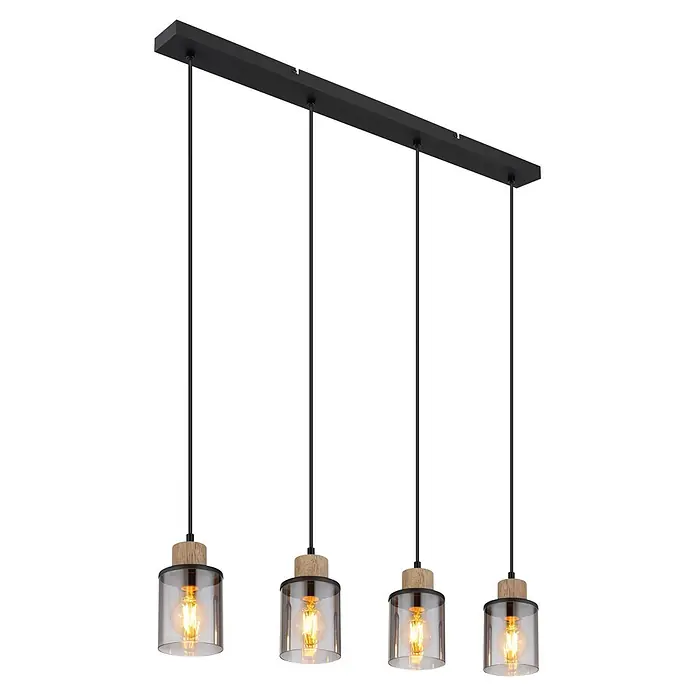 Globo Pendelleuchte Reid - 15 W, L x B x H: 780 x 100 x 1.200 mm, E27 - Schwarze Deckenleuchte mit vier hängenden Pendelleuchten aus Glas und Holz, jede mit einer leuchtenden Edison-Glühbirne.