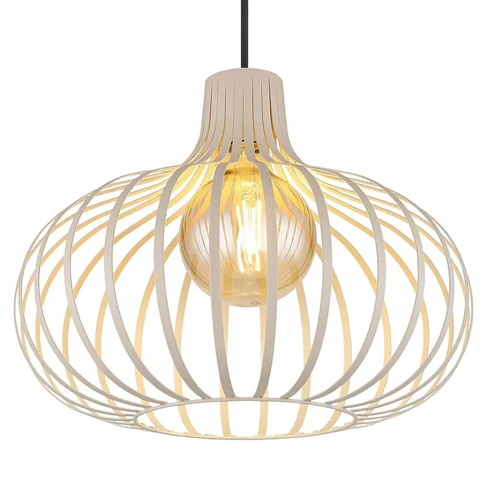 Globo Pendelleuchte Mateo - 40 W, Ø x H: 40 cm x 1.500 mm, E27 - Hellbeige Hängeleuchte mit Lamellen und sichtbarer, glühender Glühbirne. Modernes Design.