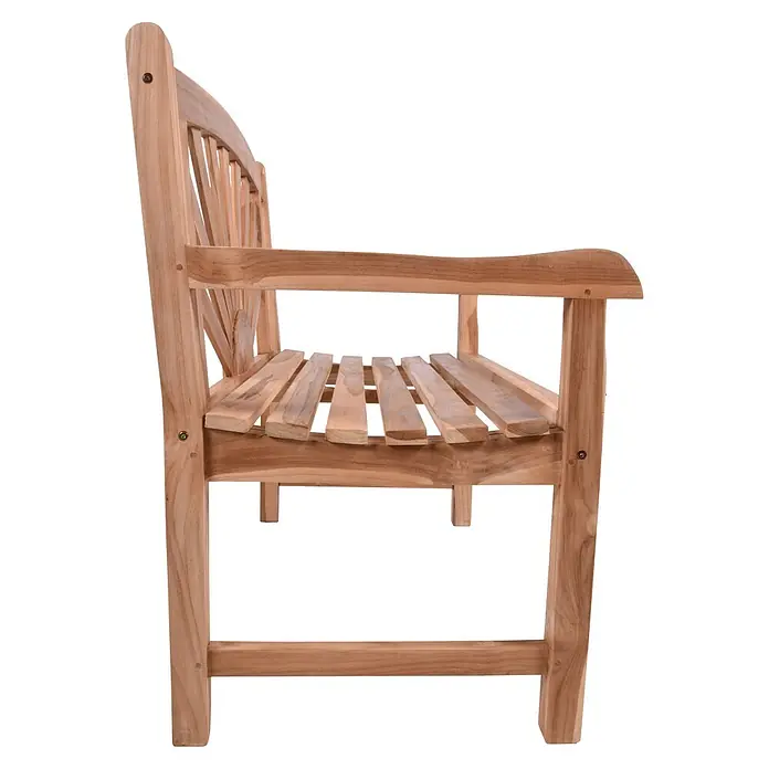 Garden Pleasure Gartenbank Marisa - B x T x H: 110 x 64 x 92 cm, Teak, Braun - Seitenansicht einer hellen Holzgartenbank mit Lattenrostsitz, Rückenlehne und Armlehnen.