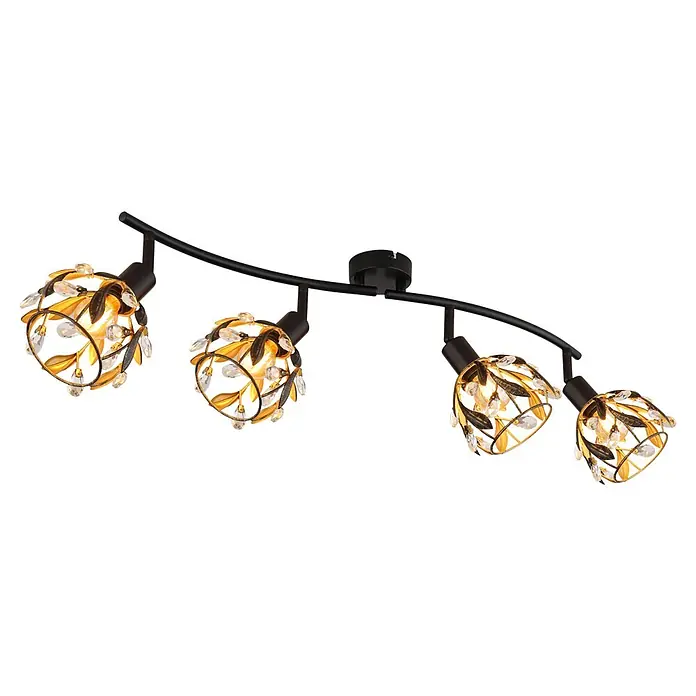 Globo Deckenstrahler Mika - 25 W, L x B x H: 700 x 120 x 1.515 mm, E27 - Schwarze Schienenleuchte mit vier dekorativen Strahlern, verziert mit Goldblättern und klaren Kristallen.