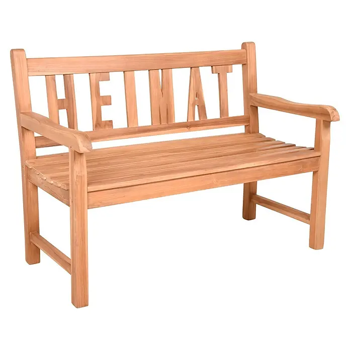 Garden Pleasure Gartenbank Heimat - B x T x H: 120 x 64 x 89 cm, Teak, Braun - Helle Holzbank mit „HEIMAT“-Gravur in der Rückenlehne.