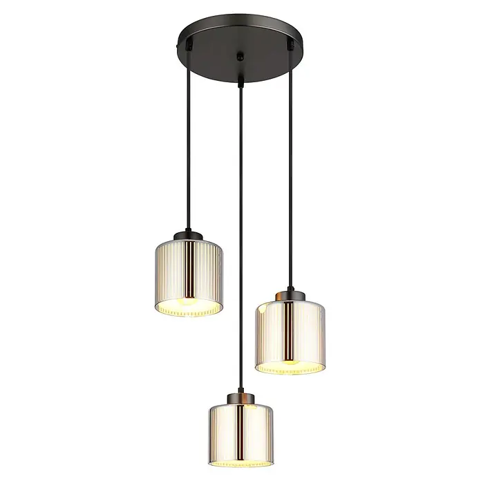 Globo Pendelleuchte Felicia - 60 W, Ø x H: 14 x 12 cm, E27 - Schwarze runde Deckenleuchte mit drei Pendellampen, jede mit einem beleuchteten zylindrischen Rippenglasschirm.