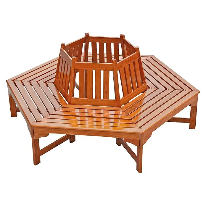 Garden Pleasure Baumbank Ontario 360° - B x T x H: 155 x 155 x 78 cm, Eukalyptus, Braun, Max. Personenzahl: 6 Stk. - Sechseckige Holz-Baumbank mit rotbrauner, glänzender Oberfläche, um einen Baum zu umschließen.