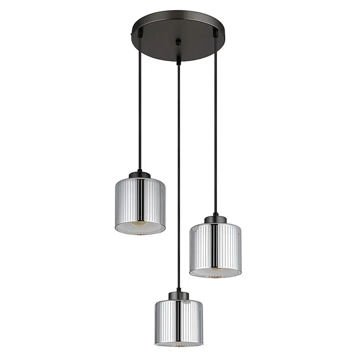 Globo Pendelleuchte Felicia - 60 W, Ø x H: 14 x 12 cm, E27 - Dreiflammige Pendelleuchte mit dunklem Metallbaldachin und drei gerippten Chromgläsern.