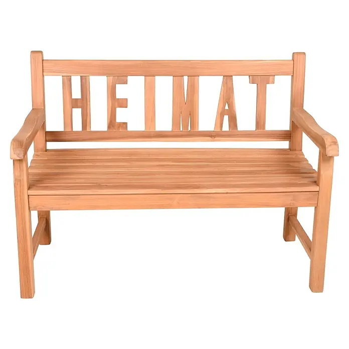 Garden Pleasure Gartenbank Heimat - B x T x H: 120 x 64 x 89 cm, Teak, Braun - Helle Holzgartenbank mit "HEIMAT" Schriftzug in der Rückenlehne.