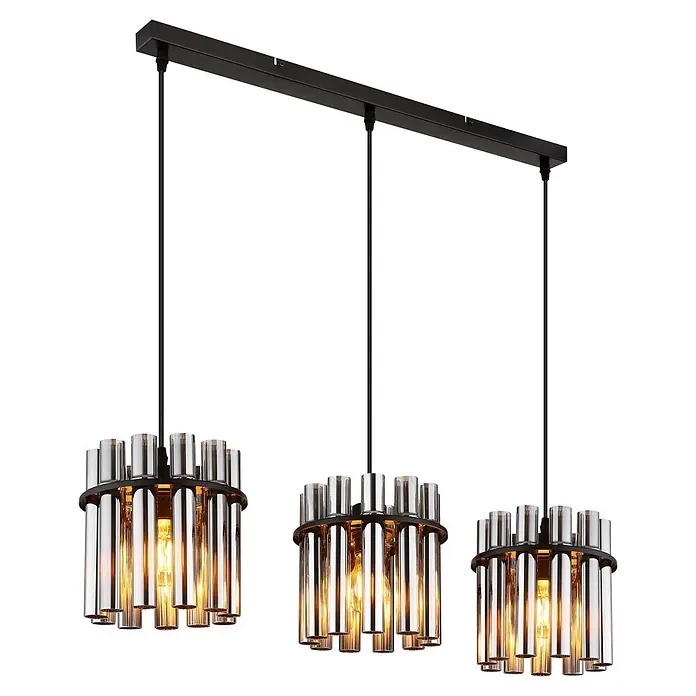 Globo Pendelleuchte Gorley - 60 W, Ø x H: 20 x 120 cm - Dreiflammige schwarze Metall- und Klarglasröhren-Pendelleuchte mit glühenden Glühbirnen.