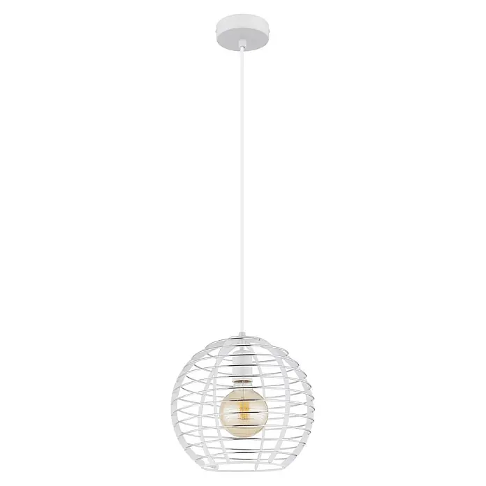 Globo Pendelleuchte Nesa - Höhe: 1.200 mm - Weiße Pendelleuchte aus Metallgitter mit bernsteinfarbener Globus-Glühlampe.