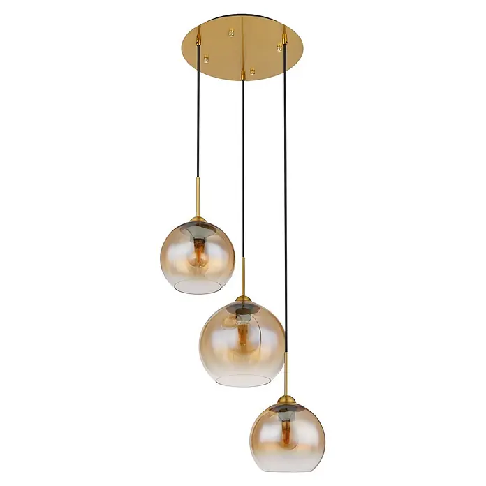 Globo Pendelleuchte Jamessa - 60 W, Ø x H: 35 x 150 cm, E27 - Dreiflammige Deckenpendelleuchte mit runder goldener Rosette, schwarzen Kabeln und kugelförmigen bernsteinfarbenen Glasschirmen, mit Vintage-Glühbirnen.