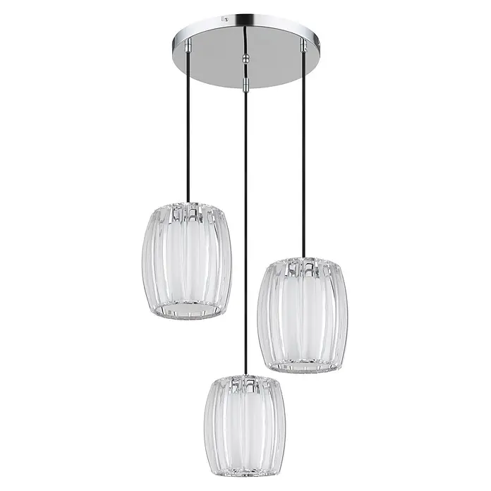 Globo Pendelleuchte Maribel - Höhe: 1.200 mm, 60 W, E27 - Dreiflammige Pendelleuchte mit klaren geriffelten Glasschirmen und verchromter Deckenplatte.