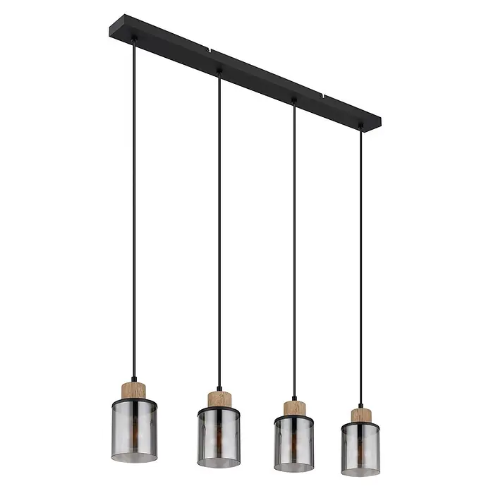 Globo Pendelleuchte Reid - 15 W, L x B x H: 780 x 100 x 1.200 mm, E27 - Schwarze Deckenleuchte mit vier Hängependeln. Jedes hat eine Holzplatte, einen schwarzen Ring und einen zylindrischen Rauchglasschirm mit Glühbirne.