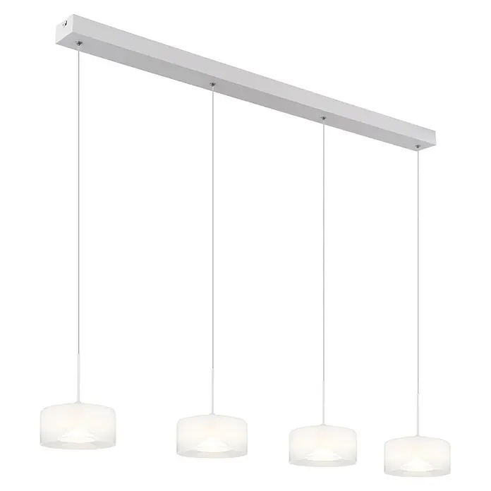 Globo LED-Pendelleuchte rund Belinda - 24 W, L x B x H: 1.050 x 150 x 1.500 mm - Weiße lineare Pendelleuchte mit vier mattierten Glasschirmen an einer rechteckigen Stange.