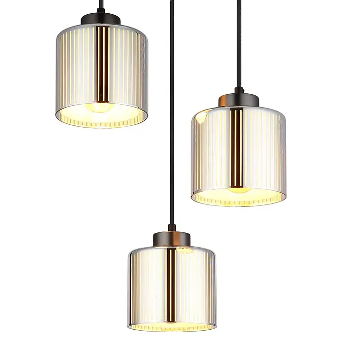 Globo Pendelleuchte Felicia - 60 W, Ø x H: 14 x 12 cm, E27 - Drei moderne Pendelleuchten mit geriffelten zylindrischen Glasschirmen, dunklen Metallakzenten und warmer Beleuchtung.