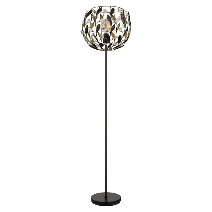 Globo Stehleuchte Mika - 40 W, Höhe: 1.570 mm, E27 - Schwarze Stehlampe mit kugelförmigem, käfigartigem Schirm aus gold-dunklen Blättern und klaren Kristallen, mit sichtbarer Glühbirne.