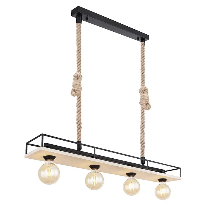 Globo Pendelleuchte Trixi - 60 W, 1.200 mm, E27 - Hängelampe mit schwarzem Metallrahmen, hellem Holzbalken, vier Glühbirnen und Seilaufhängung mit Knoten.