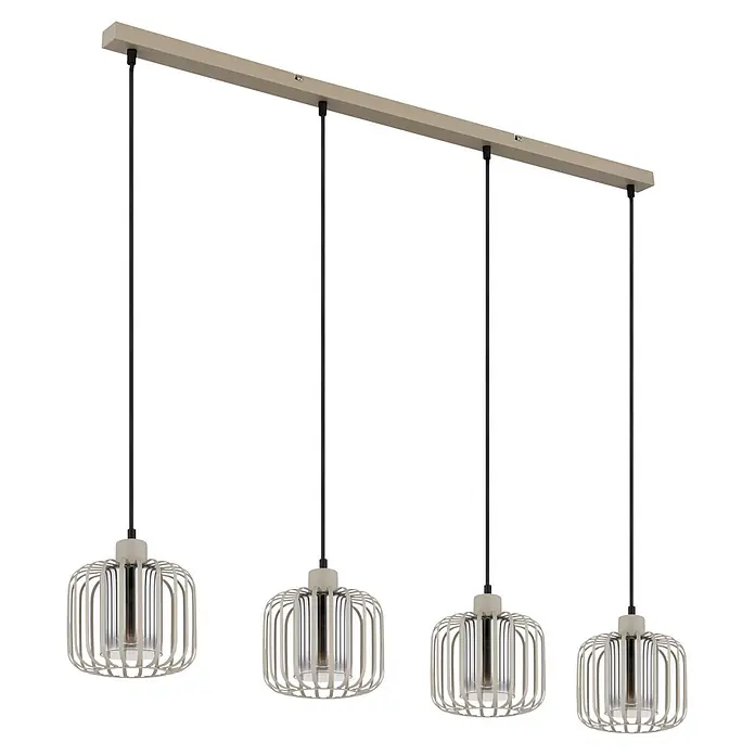 Globo Pendelleuchte Alfred - Ø x H: 18 cm x 120 mm, 40 W, E27 - Vier beige Pendelleuchten mit Käfigdesign und Glasschirmen, an einer rechteckigen Deckenleiste aufgehängt. Schwarze Kabel.