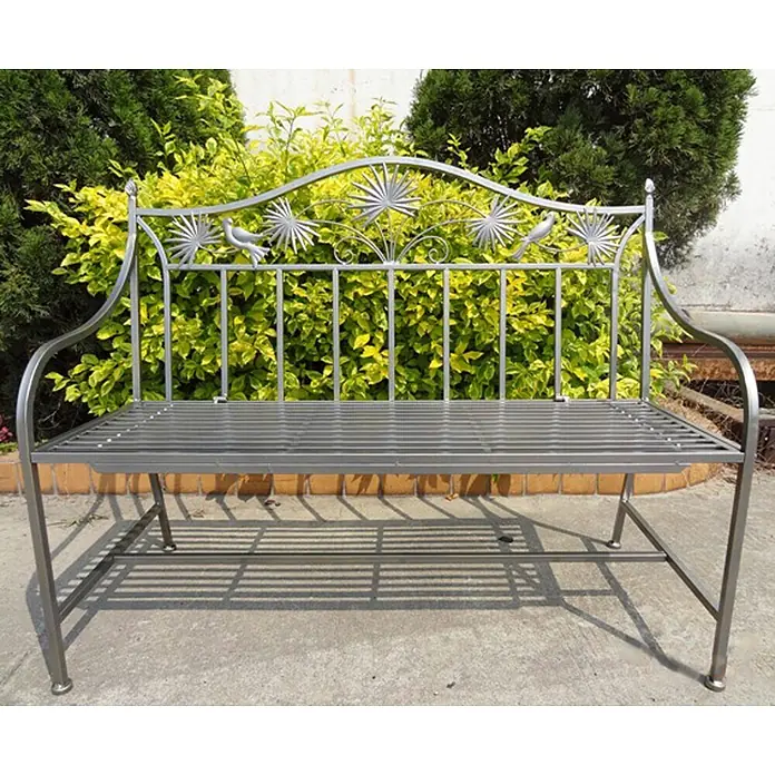 Garden Pleasure Gartenbank Talin - B x T x H: 111 x 52 x 84 cm, Eisen, Grau - Graue Metallgartenbank mit Lattenrostsitz und dekorativer Rückenlehne mit Sonnenstrahlen und Vögeln.
