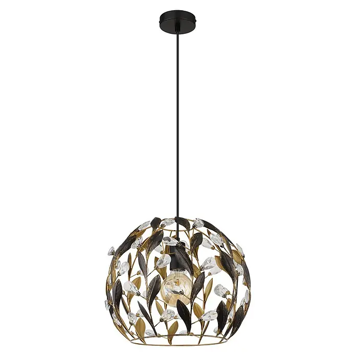 Globo Pendelleuchte Mika - Pendellänge: 1.500 mm, 40 W, E27 - Dekorative Pendelleuchte mit schwarzem Kabel, goldfarbenem Rahmen, dunklen Blättern und klaren Kristallakzenten, mit freiliegender Glühbirne.