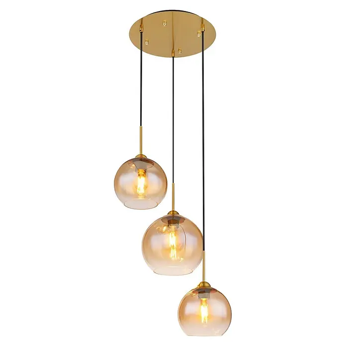Globo Pendelleuchte Jamessa - 60 W, Ø x H: 35 x 150 cm, E27 - Goldene Pendelleuchte mit drei bernsteinfarbenen Glaskugelschirmen und Edison-Glühbirnen.