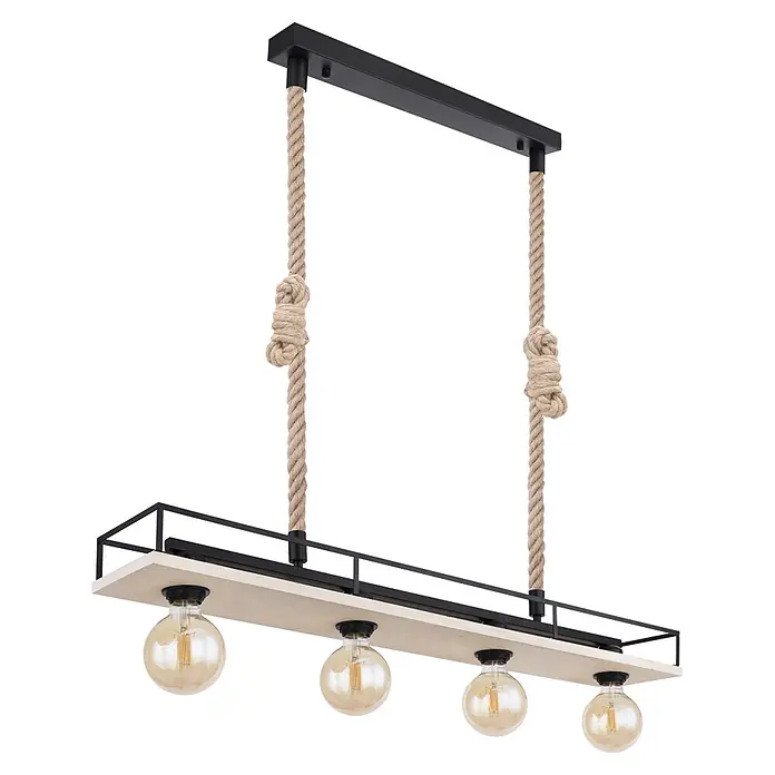 Globo Pendelleuchte Trixi - 60 W, 1.200 mm, E27 - Industrielle Deckenleuchte: schwarze Metalloberseite, Seilaufhängung mit Knoten, heller Holzträger und vier Vintage-Glühbirnen.