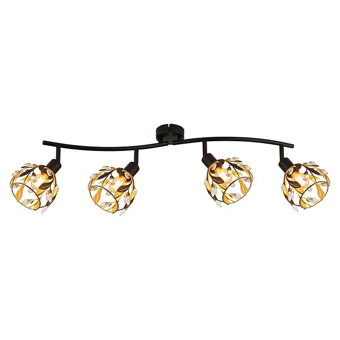 Globo Deckenstrahler Mika - 25 W, L x B x H: 700 x 120 x 1.515 mm, E27 - Schwarze Schienenleuchte mit vier aufwendigen gold- und kristallverzierten Lampen.