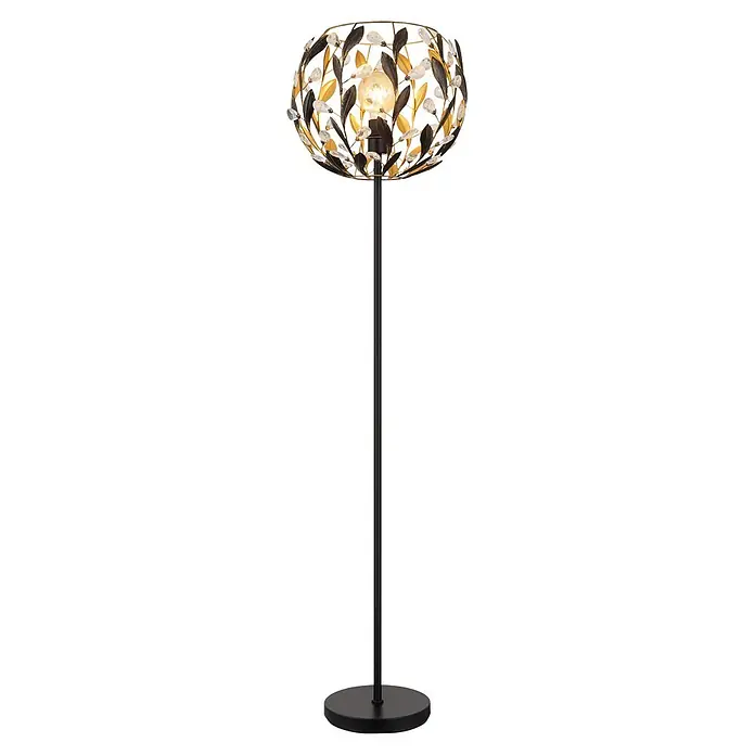 Globo Stehleuchte Mika - 40 W, Höhe: 1.570 mm, E27 - Schwarze Stehlampe mit kugelförmigem Schirm, verziert mit schwarzen und goldenen Blättern, klaren Kristallakzenten und einer leuchtenden Glühbirne.
