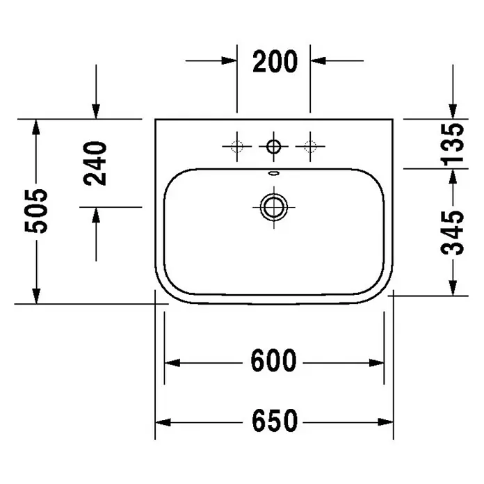 Duravit Happy D.2 Waschtisch Typ 2 - 65 x 50,5 cm, Ohne Spezialglasur, Mit Hahnloch, Mit Überlauf, Weiß - Technische Zeichnung eines Waschbeckens mit Maßangaben, die die Abmessungen von 650 mm Breite und 505 mm Tiefe zeigen.