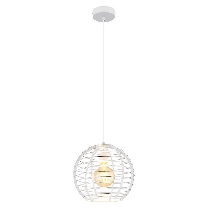 Globo Pendelleuchte Nesa - Höhe: 1.200 mm - Weiße Pendelleuchte mit kugelförmigem Metallkäfigschirm und beleuchteter Vintage-Glühbirne.