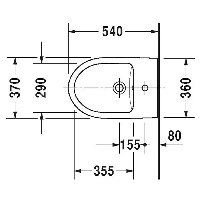 Duravit DuraStyle Wand-Bidet Basic - 37 x 54 cm, Weiß, Keramik, Ohne Spezialglasur - Technische Zeichnung einer Aufsicht des Duravit D-Code Wand-Bidets mit Maßangaben zu Breite, Tiefe und Anschlüssen.