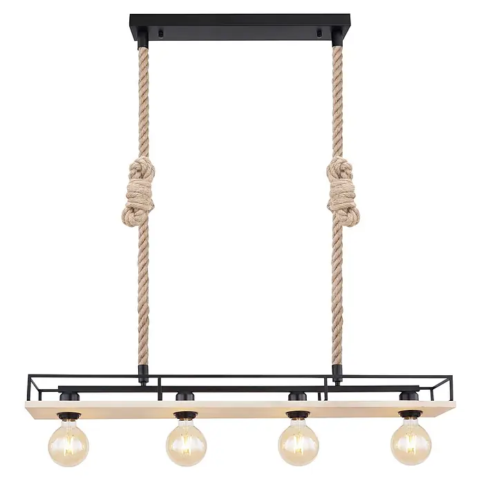 Globo Pendelleuchte Trixi - 60 W, 1.200 mm, E27 - Pendelleuchte im Industriestil mit schwarzem Metallrahmen, hellem Holzstab und vier sichtbaren Glühbirnen, aufgehängt an geknoteten Seilen.