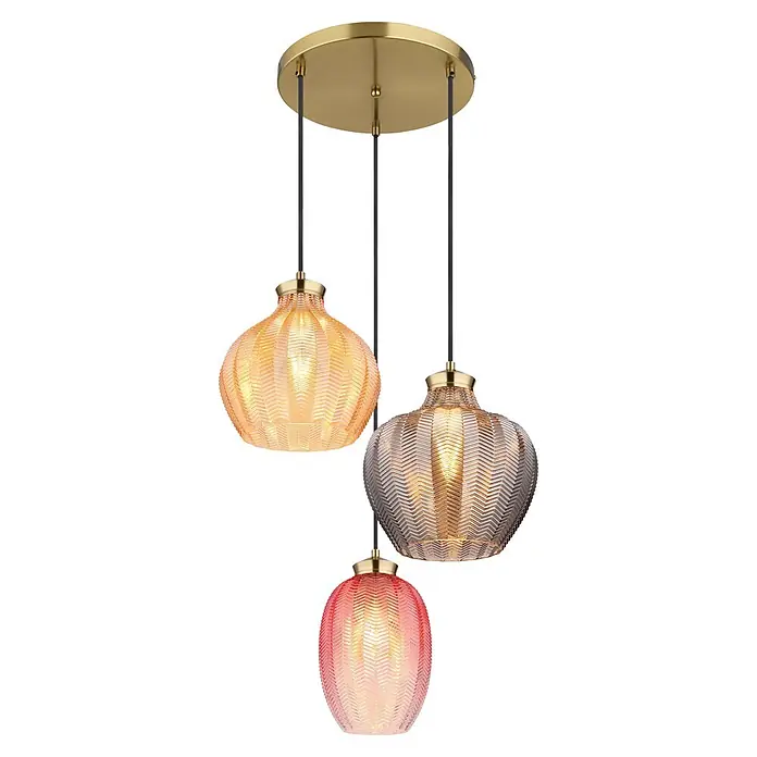 Globo Pendelleuchte Jessica - 60 W, Ø x H: 45 x 120 cm, E27 - Dreiflammige Pendelleuchte mit Messingbaldachin und gerippten Glasschirmen (bernstein, rauchgrau, rosa).