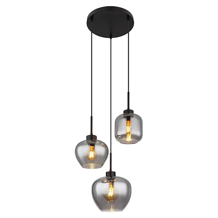 Globo Pendelleuchte Matt - Höhe: 1.200 mm, Anzahl Leuchtmittel: 3 Stk. - Dreiflammige Pendelleuchte mit schwarzer Deckenplatte, schwarzen Kabeln und Rauchglas-Schirmen mit glühenden Edison-Glühbirnen.