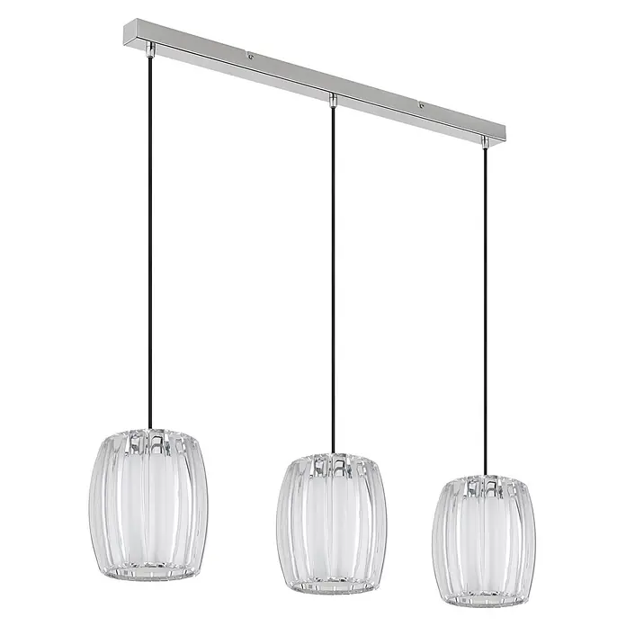 Globo Pendelleuchte Maribel - Höhe: 1.200 mm, 60 W, E27 - Lineare Pendelleuchte mit drei Leuchten, gerippten Klarglasschirmen und verchromter Stange.