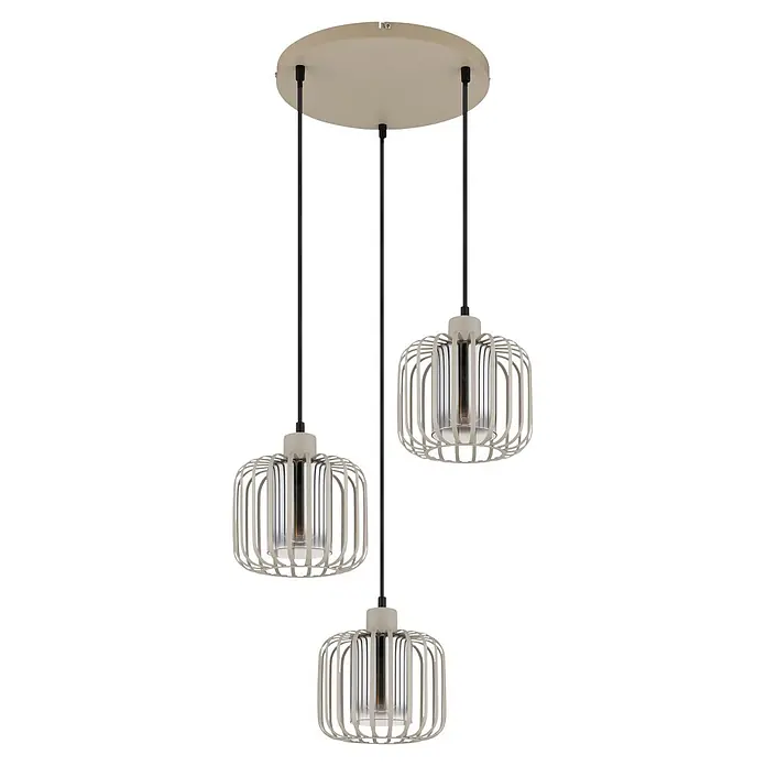 Globo Pendelleuchte Alfred - 40 W, Ø x H: 44 cm x 1.200 mm, E27 - Drei hellbeige Pendelleuchten mit käfigartigen Schirmen und dunklen Kabeln, an einer runden Deckenplatte montiert.