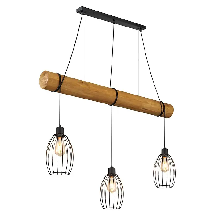 Globo Pendelleuchte Berti - 40 W, L x B x H: 1.150 x 160 x 1.500 mm, E27 - Rustikale Hängelampe mit natürlichem Holzbalken und drei schwarzen Metallkäfig-Pendelleuchten mit warmen Edison-Glühbirnen.