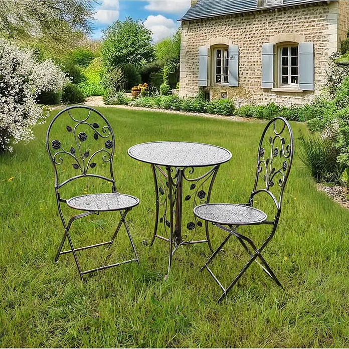 Garden Pleasure Balkonmöbel-Set Pinatubo - 3 -tlg., Stahl, Bronzeton - Dunkles Metall-Gartenbistro-Set mit Blumenmuster, bestehend aus einem Tisch und zwei Klappstühlen.