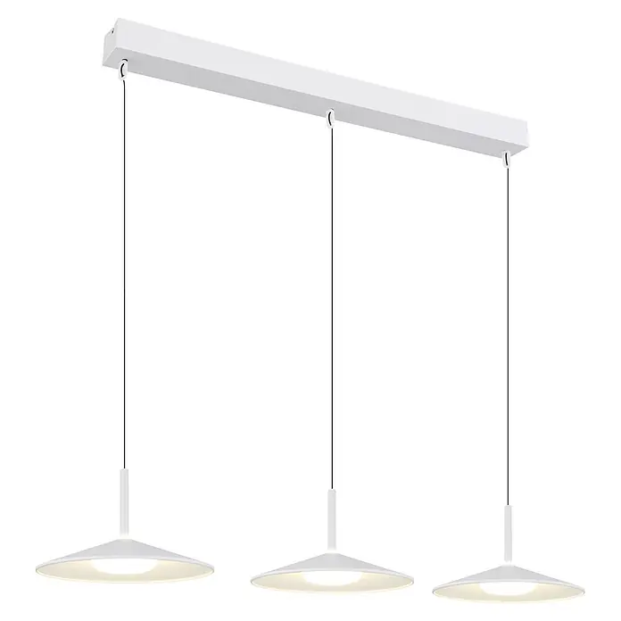 Globo LED-Pendelleuchte rund Lampone - 24 W - Weiße Dreifach-Pendelleuchte mit rechteckiger Deckenstange, schwarzen Kabeln und tellerförmigen Schirmen, die warmes Licht abstrahlt.