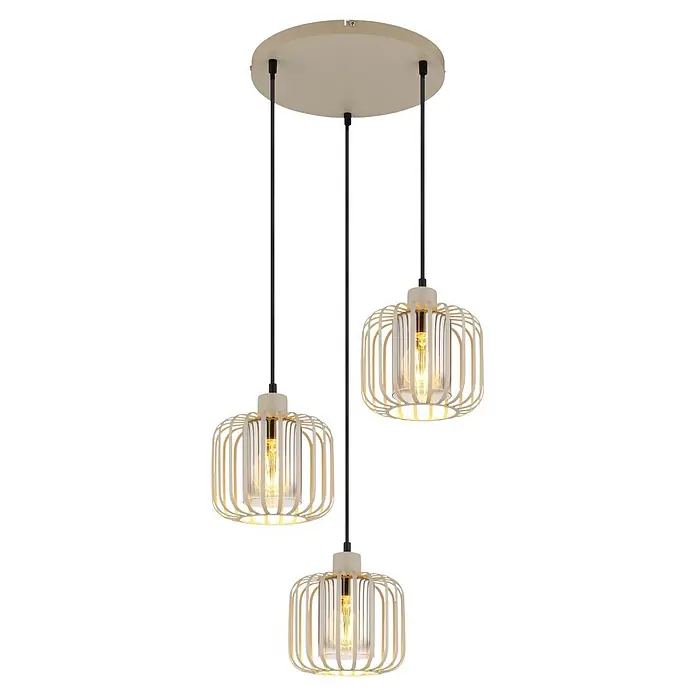Globo Pendelleuchte Alfred - 40 W, Ø x H: 44 cm x 1.200 mm, E27 - Drei beige Pendelleuchten mit Metallkäfig, Klarglas und warmen Glühbirnen, an runder Deckenplatte.