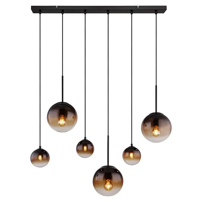 Globo Pendelleuchte Hallie - Höhe: 1.170 mm, 9 W, E27 - Mehrflammige Pendelleuchte mit schwarzer Linearstange und sieben kugelförmigen Amber-Verlaufsglaesschirmen, mit Edison-Glühbirnen.