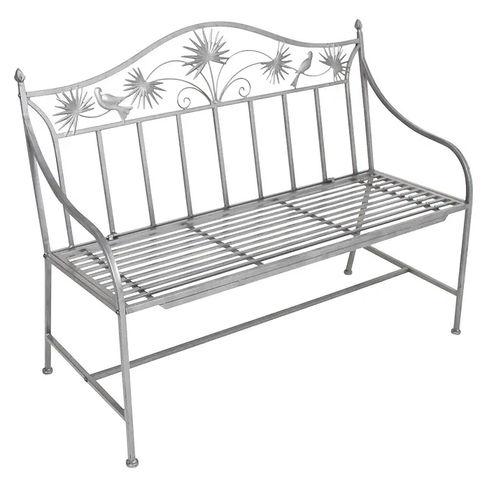 Garden Pleasure Gartenbank Talin - B x T x H: 111 x 52 x 84 cm, Eisen, Grau - Silberne Metall-Gartenbank mit dekorativen Vögeln und Sternen auf der Rückenlehne.